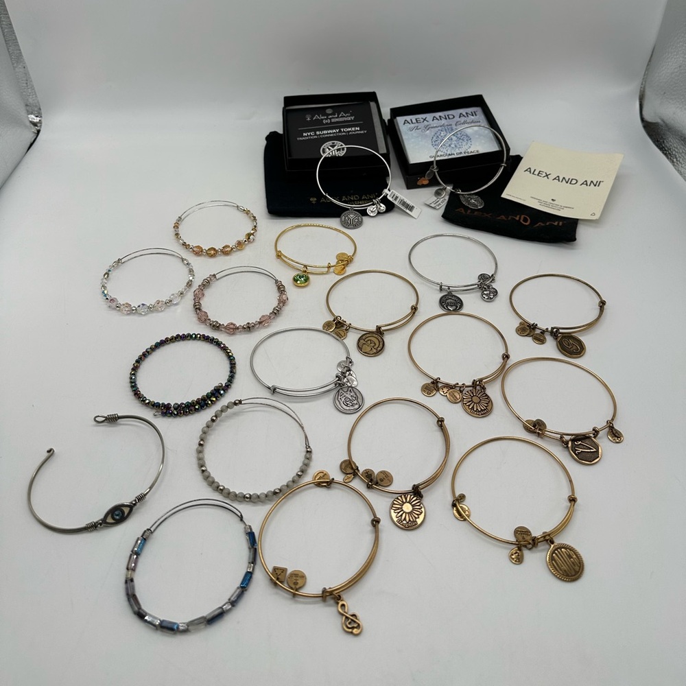 Bundle Lot 19 Alex and Ani Bracelets Gold Tone Beaded Bangles Guardian NYC Eye